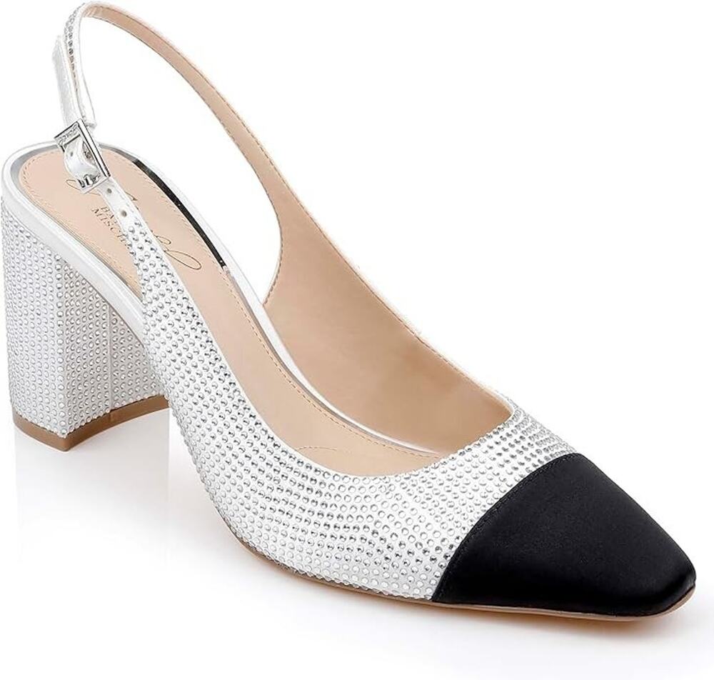 Jewel Badgley Mischka Tatum Slingback Block Heels White Black Capped Toe size 7